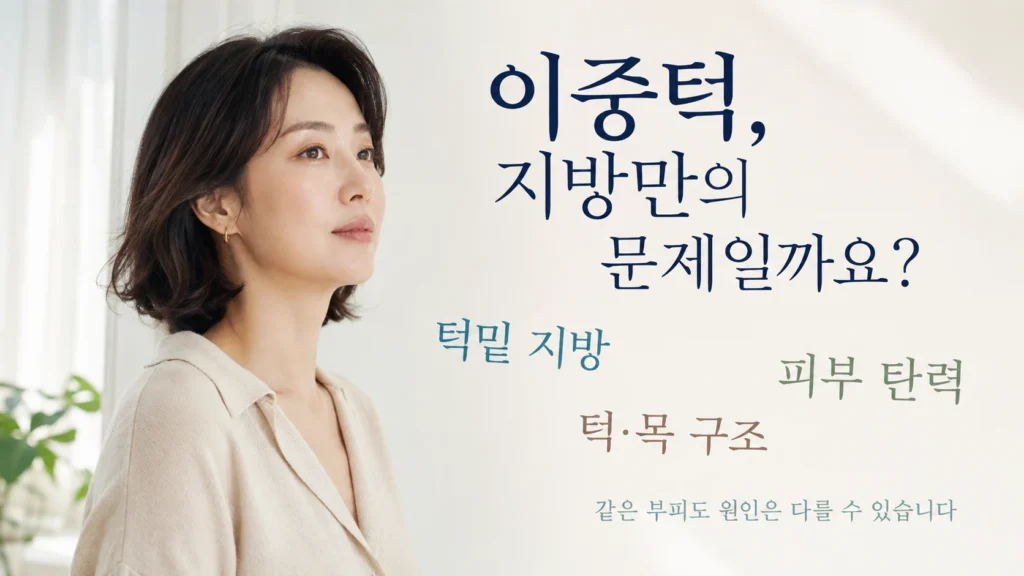 이중턱의 지방, 피부, 턱 구조가 함께 보이는 해부학적 이미지