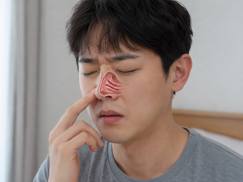코 안이 따갑고 딱지가 반복되는 비강건조증 증상을 설명하는 그림