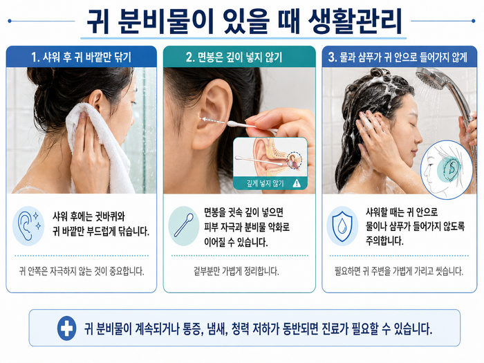 귀 분비물 관리 시 면봉과 물 사용을 피해야 함을 안내하는 그림