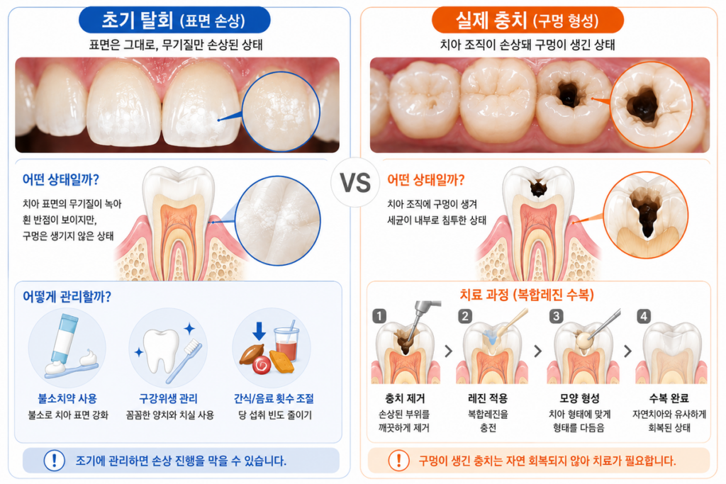 초기 충치 관리와 수복 치료 방법을 설명하는 그림