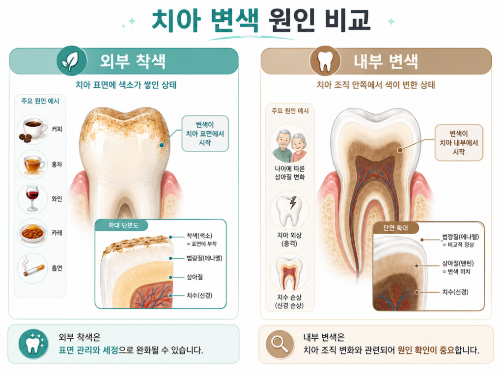 외부 착색과 내부 변색의 차이를 보여주는 치아 그림