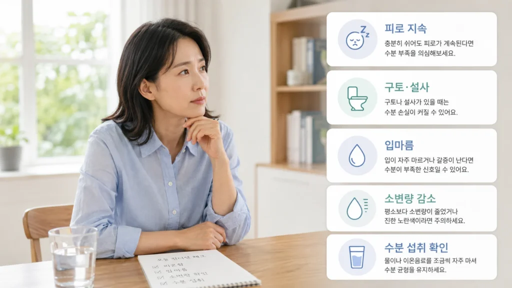 피로와 탈수 증상을 구분하는 생활 변화와 증상 체크 인포그래픽