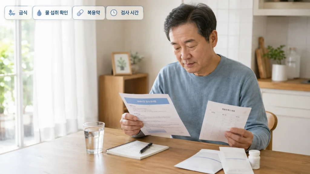 위내시경 전 금식과 복용약 확인 등 준비 과정을 안내하는 그림