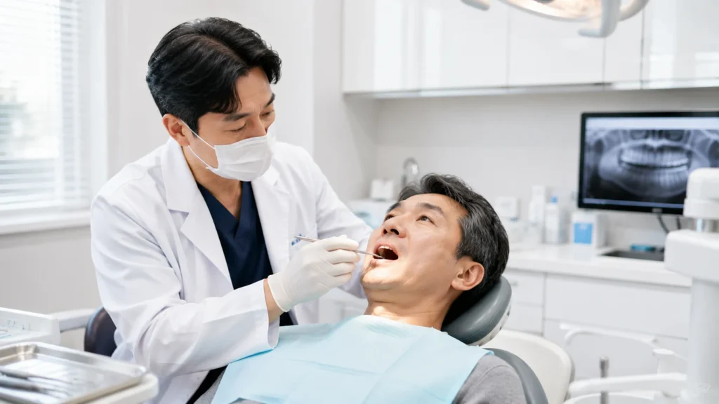 잇몸 출혈로 치과 검진을 받는 장면을 표현한 그림