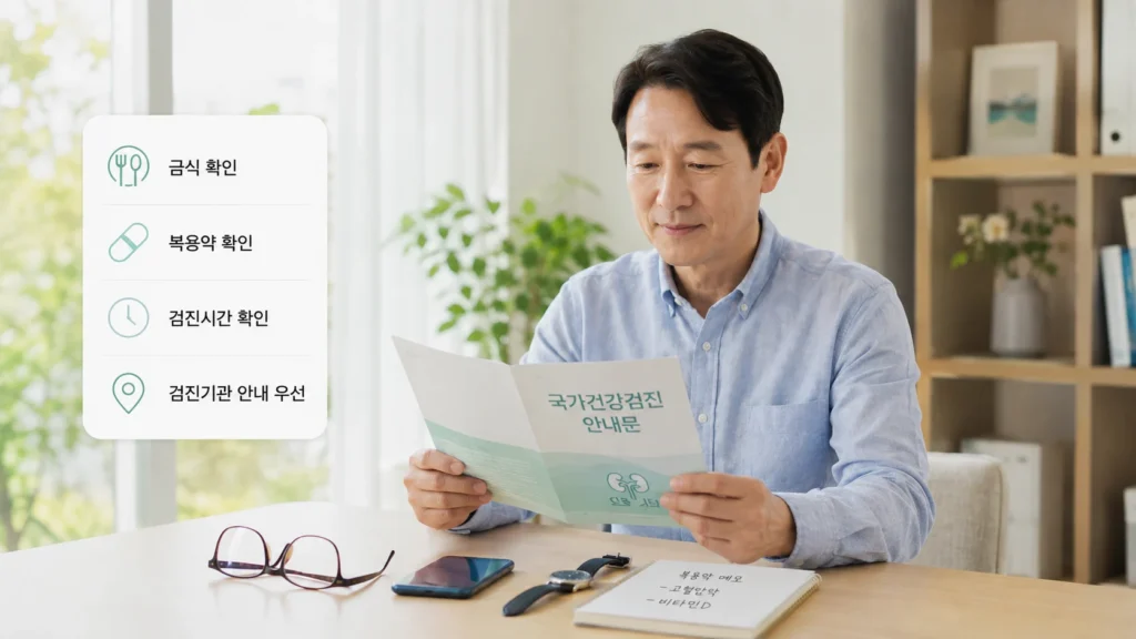 건강검진 전 금식과 약 복용 안내를 확인하는 장면