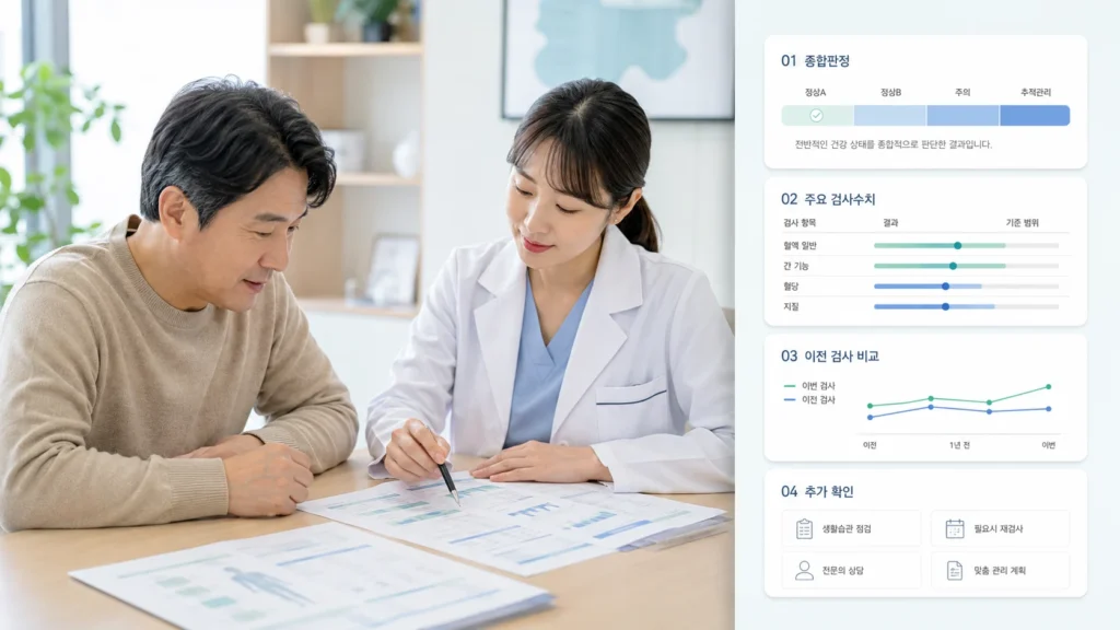 건강검진 결과표 해석 순서를 안내하는 요약 이미지