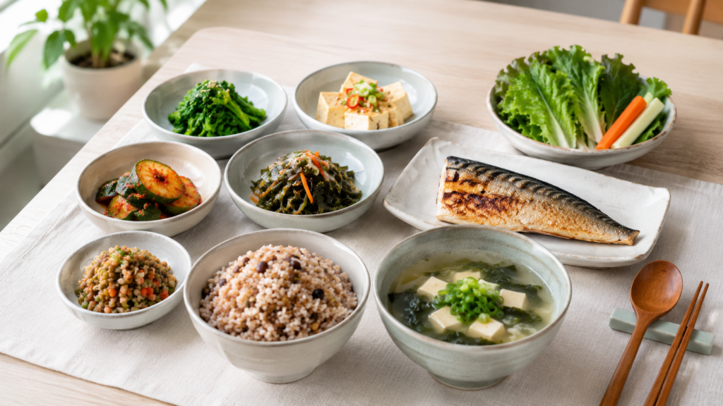 healthy-Korean-meal-brown-rice-vegetables-tofu-grilled-fish