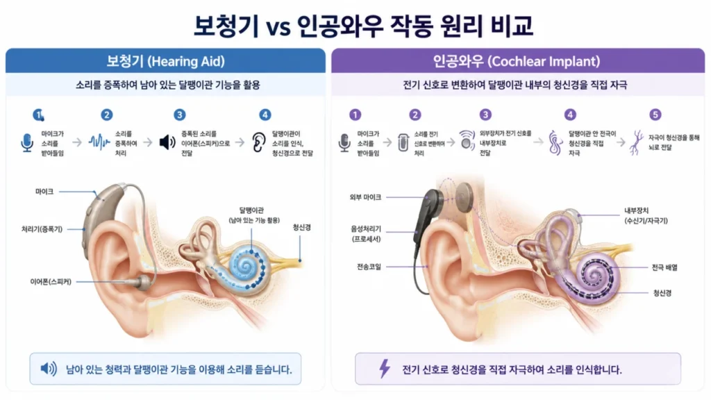 [귀가 하는 말 7편] 보청기와 인공와우수술은 어떻게 다를까? 난청 정도와 말소리 이해 능력으로 보는 기준