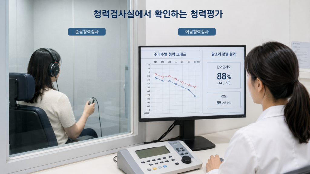 순음청력검사와 어음청력검사로 주파수별 청력과 말소리 구분 능력을 확인하는 모습
