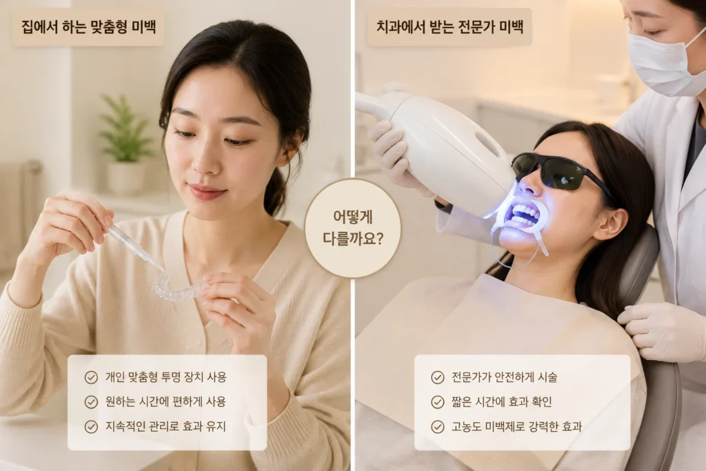 홈미백과 전문가미백의 적용 방식과 차이를 보여주는 그림