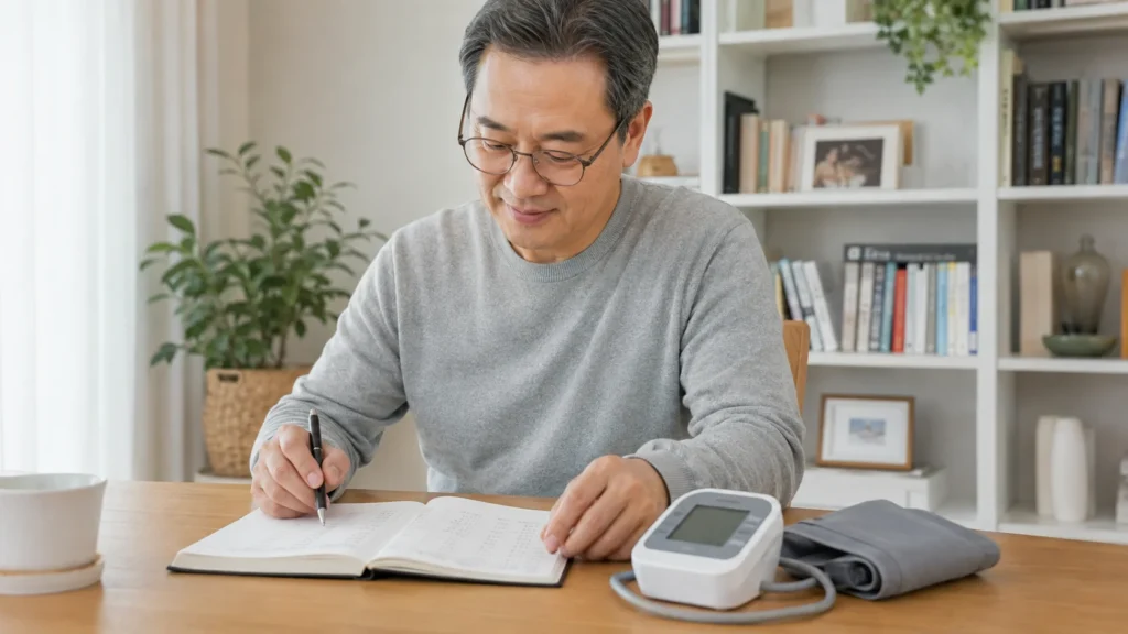 혈압 기록을 시간에 따라 살펴보는 모습을 설명하는 그림