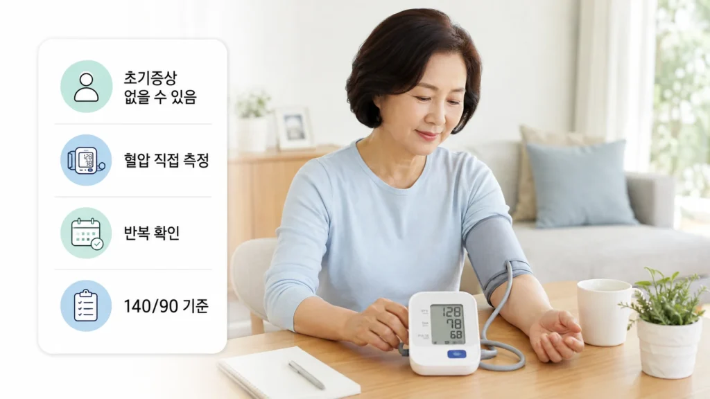 가정에서 혈압을 측정하는 모습을 설명하는 그림