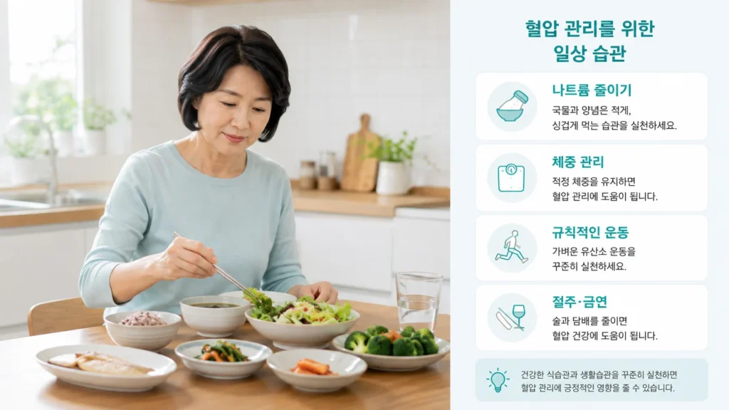 고혈압 생활습관 관리의 다양한 요소를 나타내는 그림