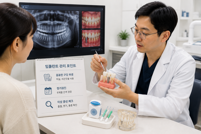임플란트 후 정기 관리와 검진 필요성 설명 그림
