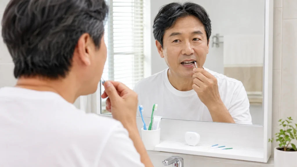 임플란트 주변 잇몸 관리 방법을 안내하는 그림