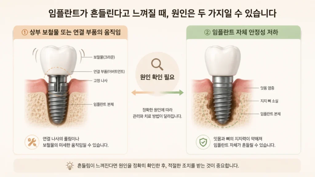 임플란트 흔들림의 원인 비교를 보여주는 그림