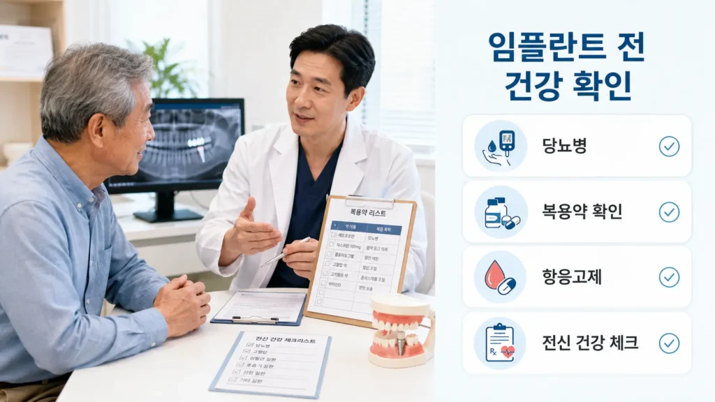임플란트 상담 전 당뇨병, 복용약, 전신 건강 상태 확인을 안내하는 그림