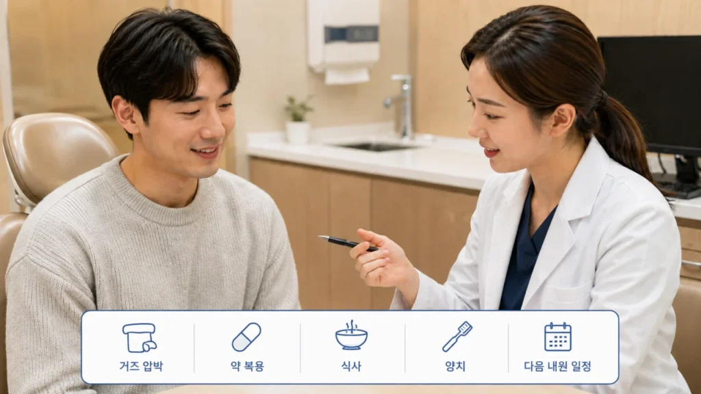 임플란트 수술 후 출혈과 봉합 상태, 약 복용 및 관리 방법 안내
