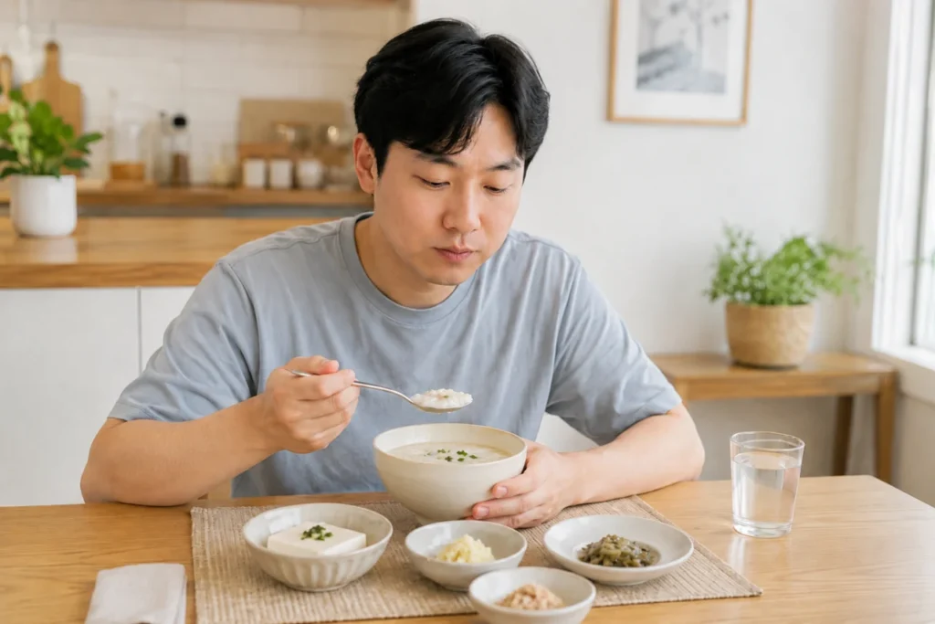 임플란트 수술 후 부드러운 음식을 섭취하는 모습
