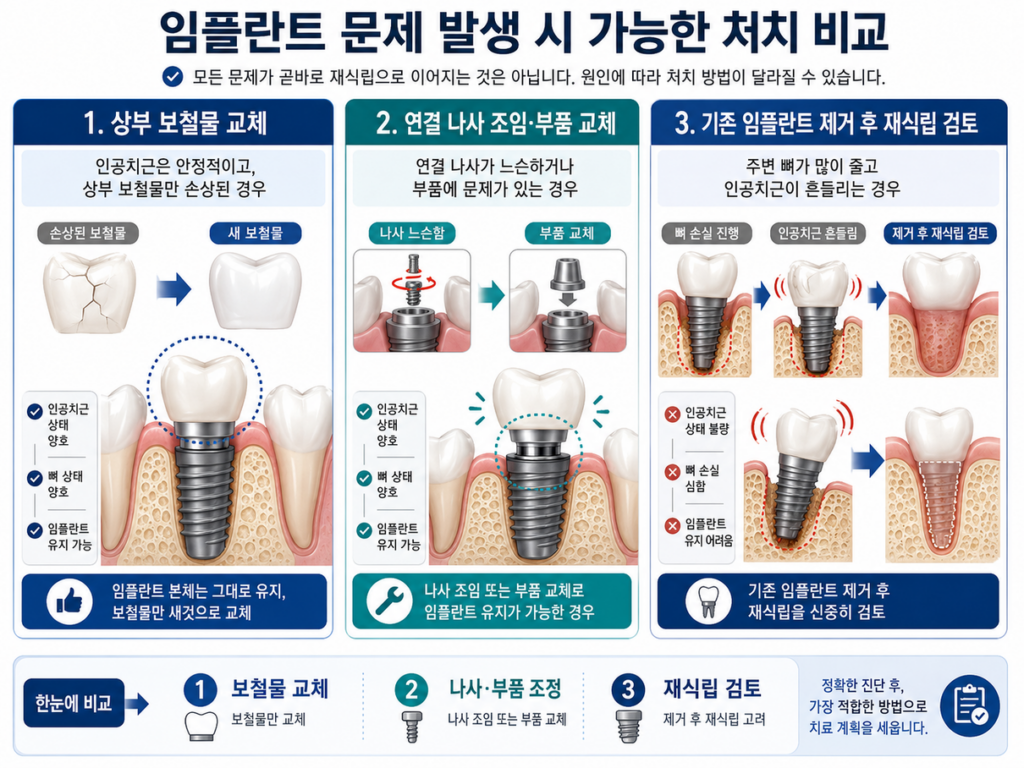 임플란트 문제 시 보철물 교체와 재식립 과정을 비교한 그림