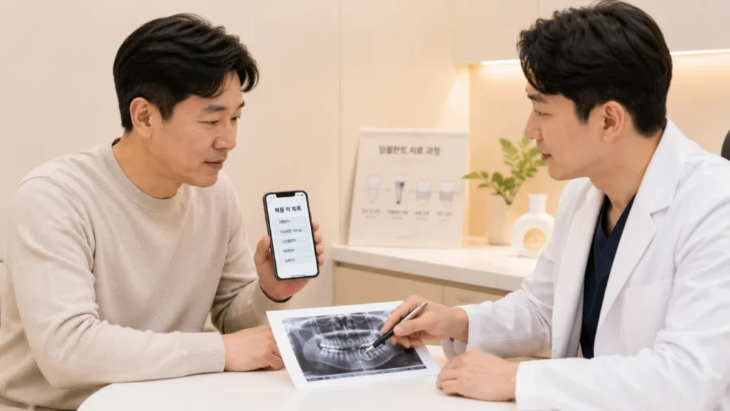 임플란트 수술 당일 현재 상태와 복용약, 수술 부위를 확인하는 과정