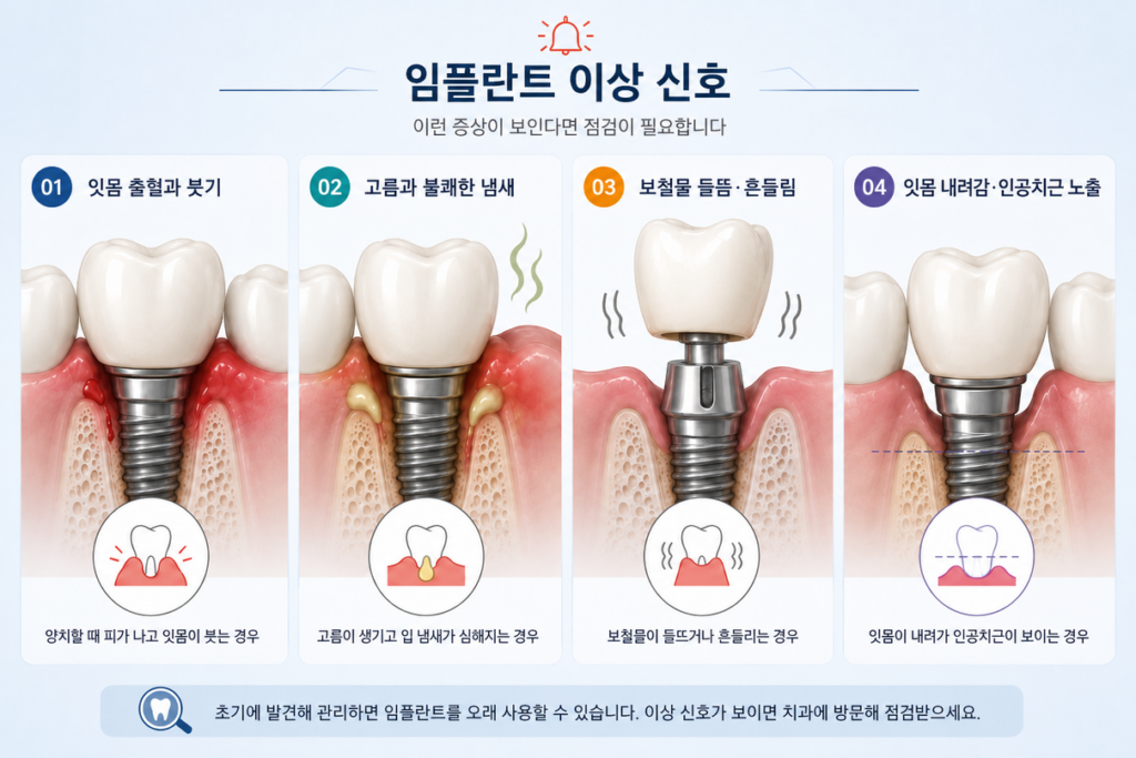 임플란트 이상 신호로 출혈, 붓기, 고름, 흔들림 등이 나타나는 예시 그림