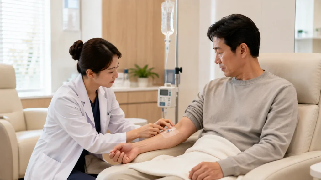 수액치료 중 주사 부위와 몸 상태를 확인하는 장면