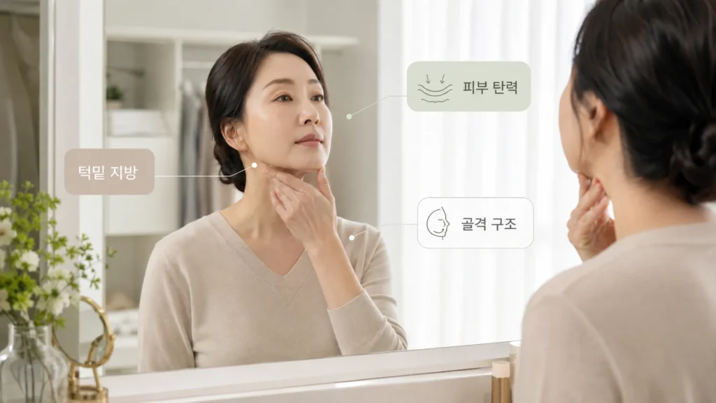 이중턱은 턱밑 지방, 피부 탄력, 얼굴과 목 구조의 영향을 함께 받을 수 있습니다.