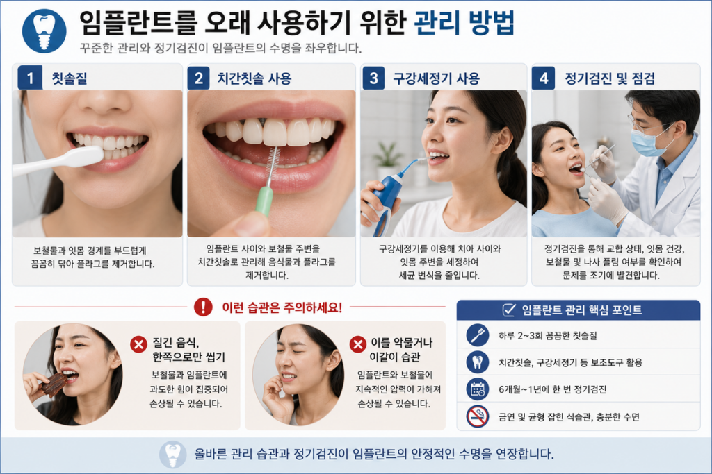 임플란트 장기 사용을 위한 칫솔질, 치간 관리, 정기 점검을 설명하는 그림