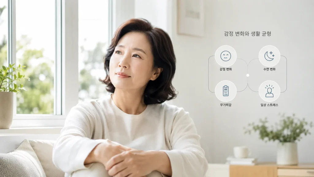 갱년기 감정 변화와 수면 문제, 피로, 스트레스가 함께 나타날 수 있음을 보여주는 그림