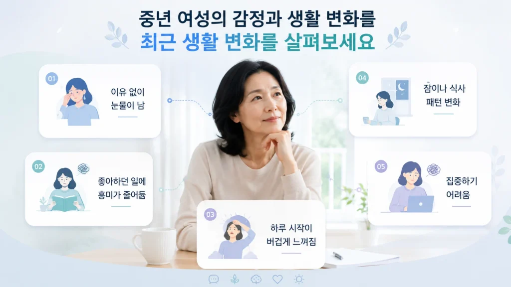 이유 없는 눈물, 무기력, 흥미 저하 등 갱년기 변화 체크리스트를 설명하는 그림