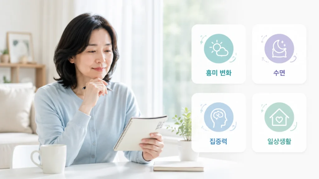 갱년기 우울감과 우울증 구분을 위해 흥미, 수면, 집중력 등 생활 변화를 점검하는 이미지