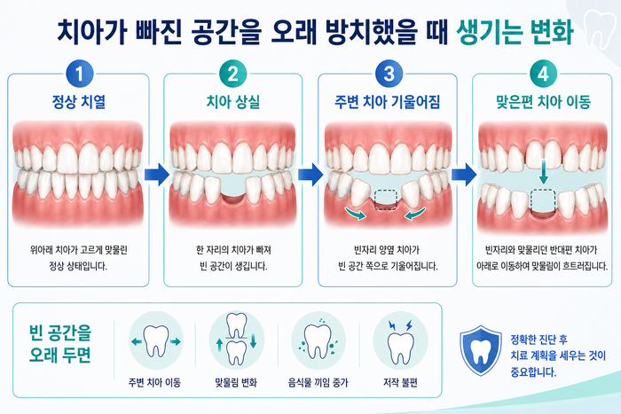 치아가 빠진 후 주변 치아와 교합 변화 설명 그림