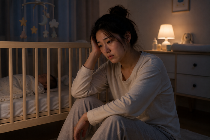 임신과 출산 후 산모의 수면 부족과 호르몬 변화를 나타내는 이미지