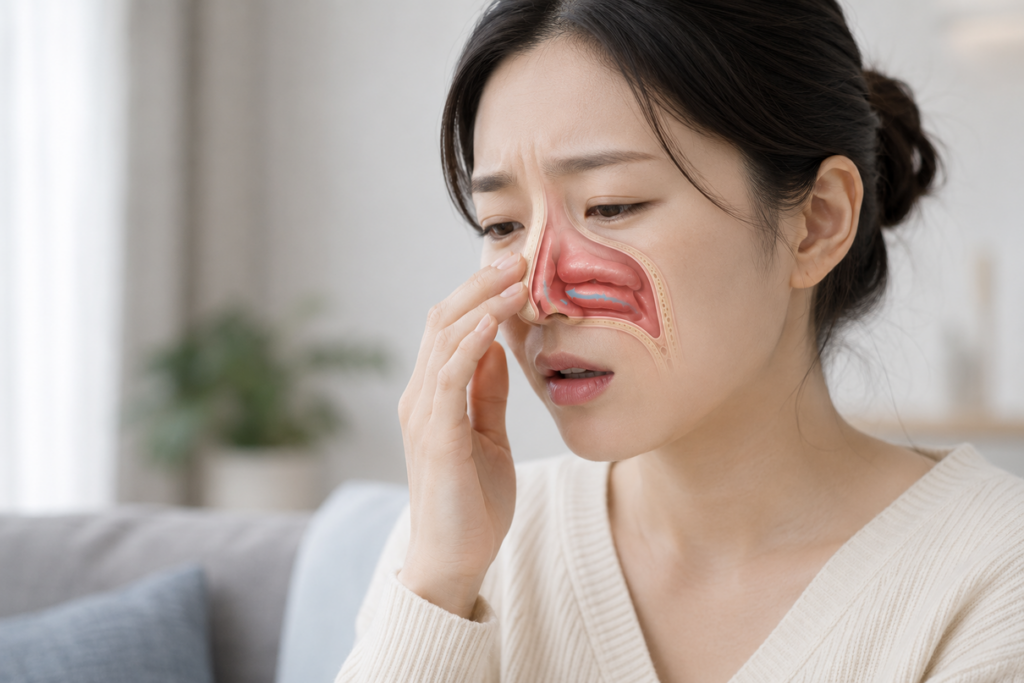 코 성형 후 일시적인 코막힘이 나타날 수 있는 회복 과정의 이미지