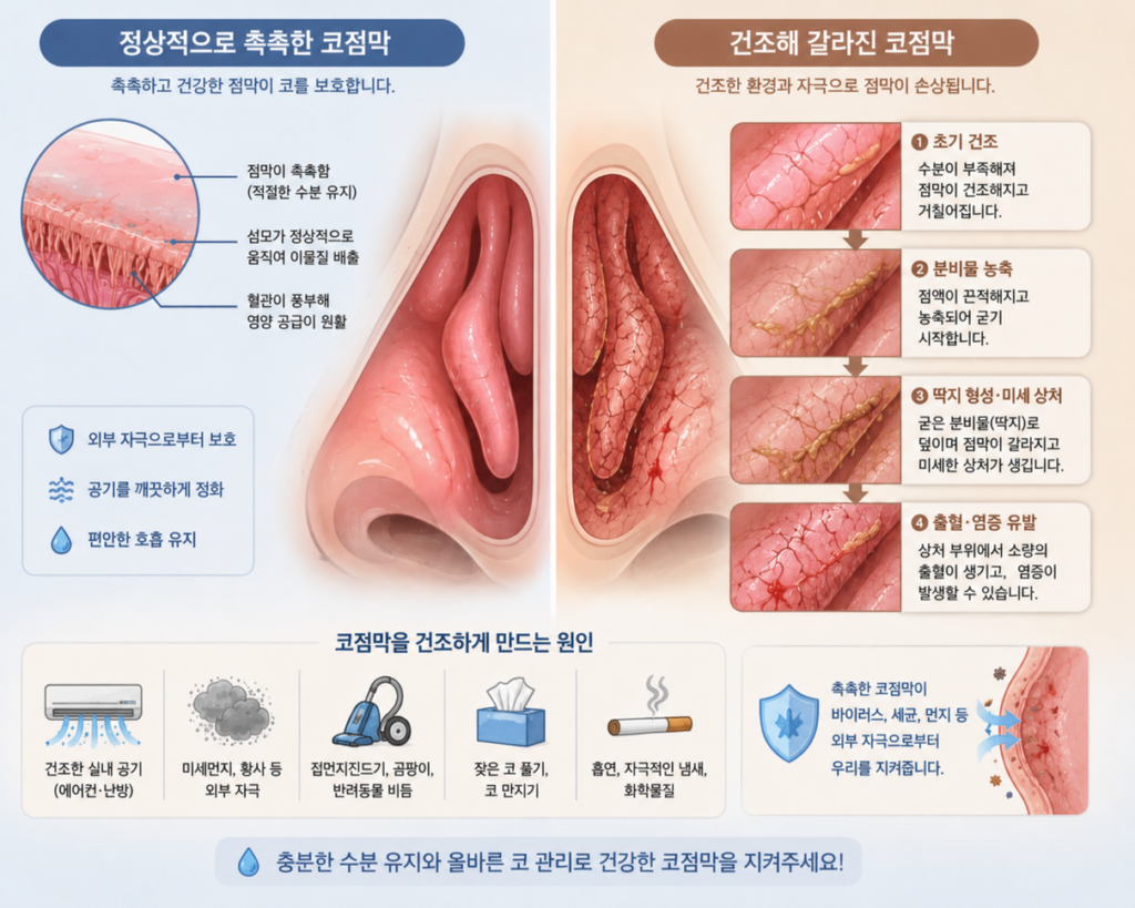 코점막 건조로 딱지와 출혈이 반복되는 과정을 보여주는 그림