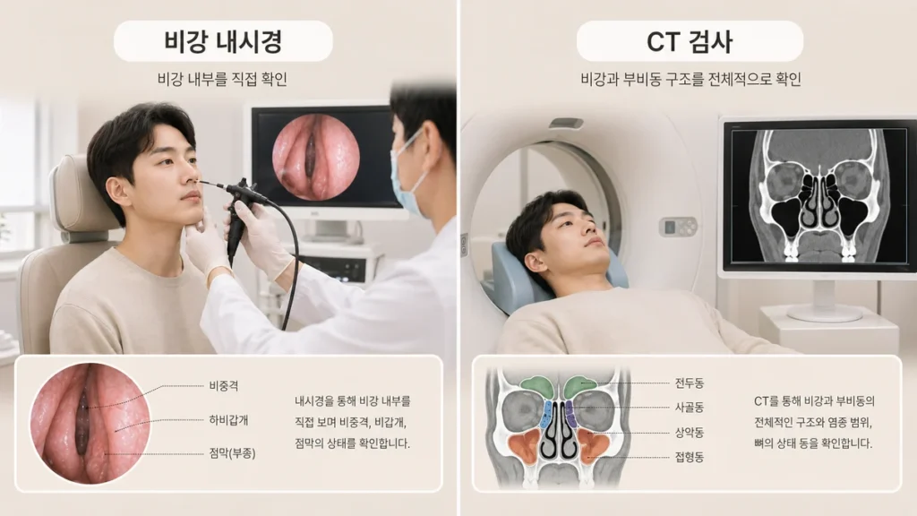 비강 내시경과 CT 검사의 비교를 설명하는 그림