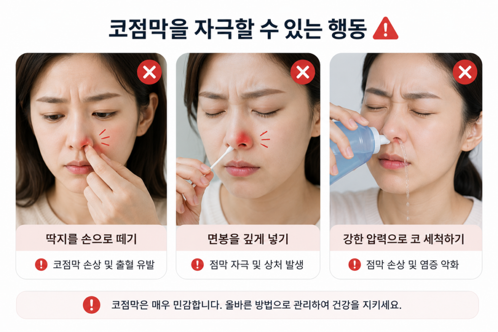 딱지 제거, 면봉 사용, 강한 코 세척 등 점막 자극 습관을 나타내는 그림