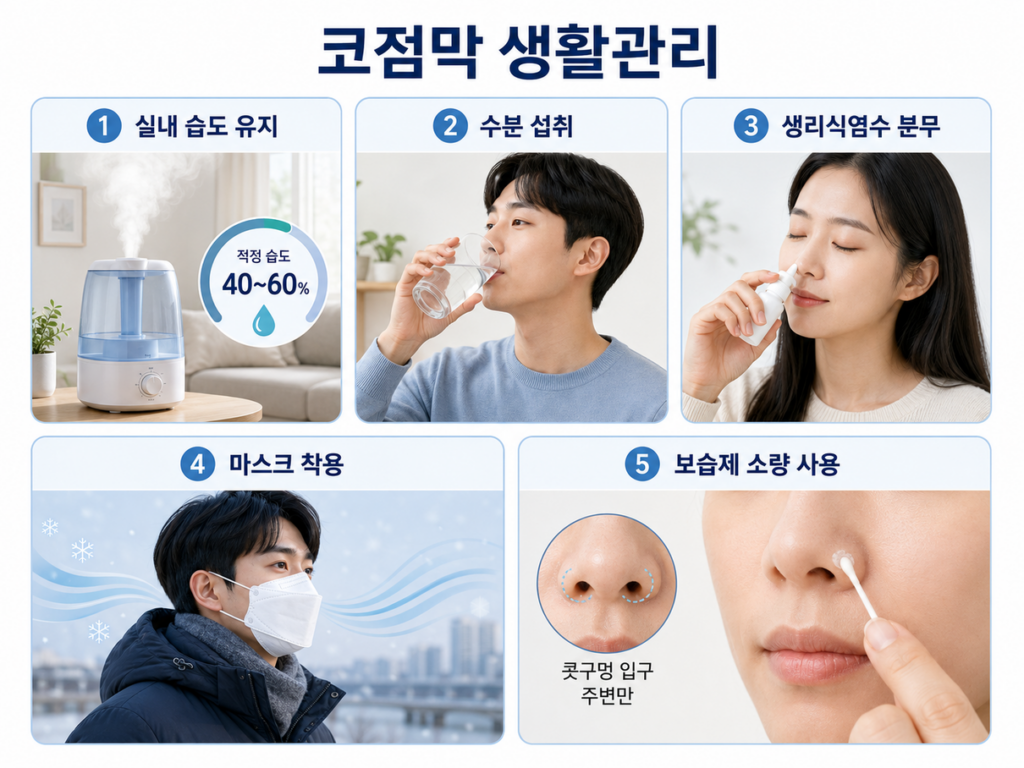 실내 건조 관리와 점막 보습을 위한 생활습관을 설명하는 그림