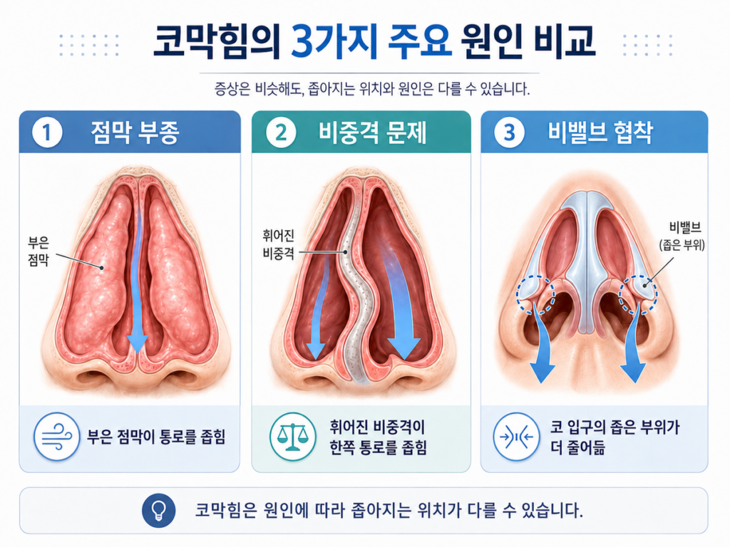 점막 부종, 비중격, 비밸브 협착 등 코막힘의 다양한 원인 비교 이미지