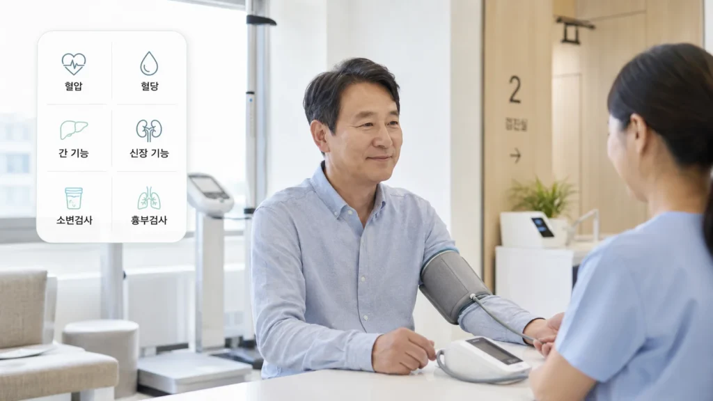 국가건강검진에서 신체계측, 혈압, 혈액검사 등 다양한 건강지표를 확인하는 모습