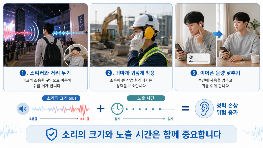 큰 소리에 노출되는 시간과 거리를 조절해 청력을 보호하는 방법을 설명하는 그림