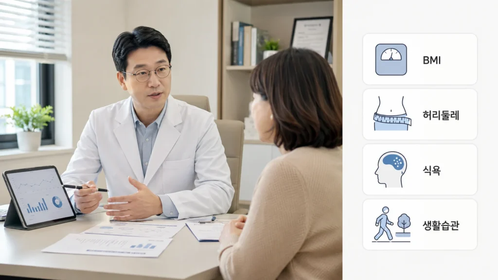 비만 진료에서는 체중, BMI, 허리둘레, 생활습관 등 다양한 지표를 평가합니다.