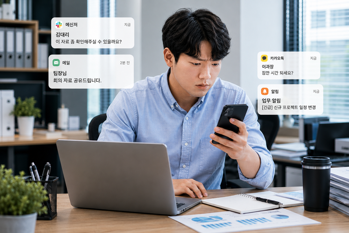 직장인이 스마트폰을 사용하며 집중력이 저하되는 상황을 묘사한 이미지
