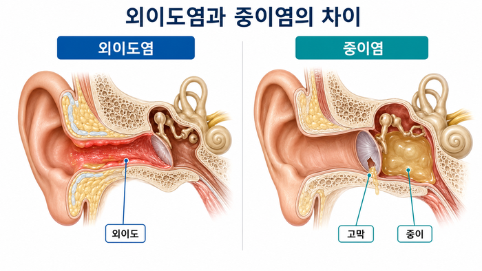 외이도염과 중이염에 따른 귀 분비물 발생 위치 비교 그림