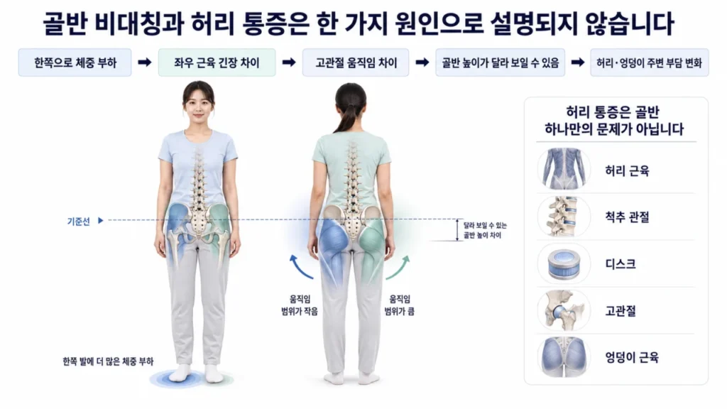 골반 비대칭과 허리 통증의 원인과 관련 구조를 설명하는 그림