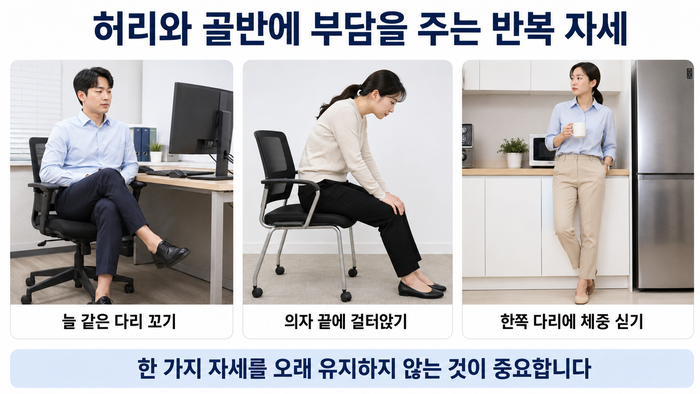 골반불균형을 점검하는 체크리스트와 올바른 자세 예시