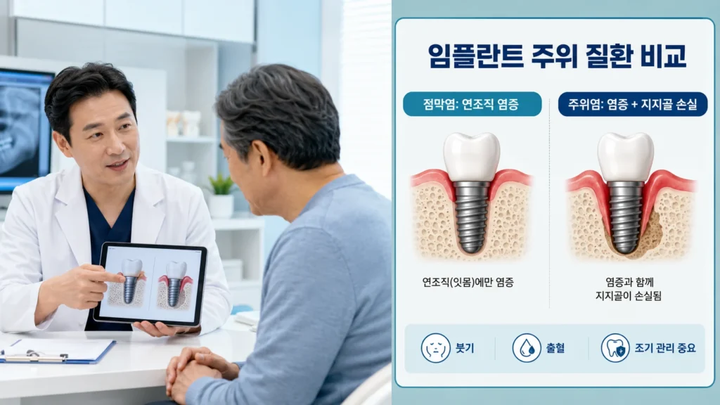 임플란트 주위 점막염과 주위염의 차이를 비교하는 그림