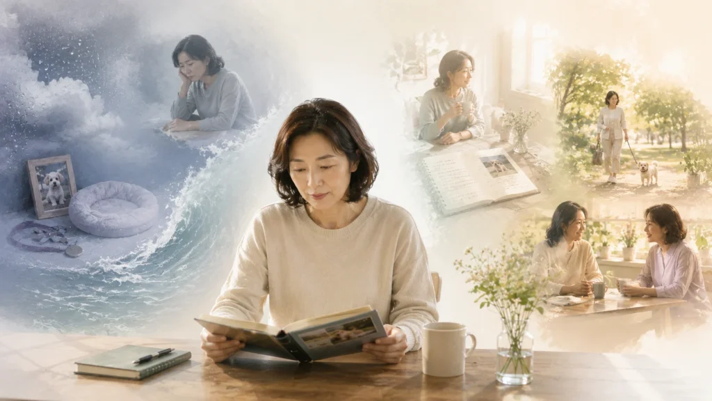 애도 감정의 파도와 감정 변화 과정을 나타내는 일러스트