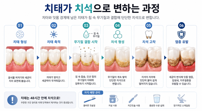 치태가 시간이 지나 치석으로 변하는 과정을 보여주는 그림